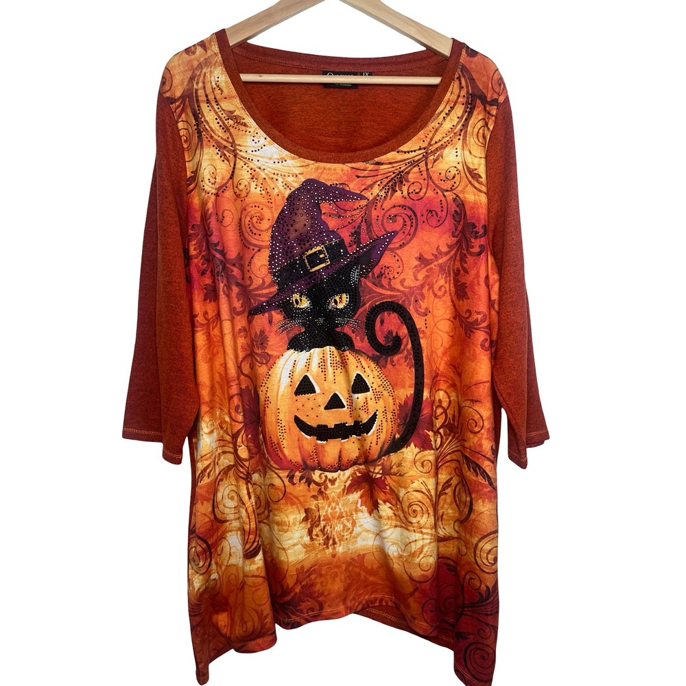 Onque Casual Womens 1X Halloween Witch Cat Pumpkin Orange Rhinestone Tunic Top